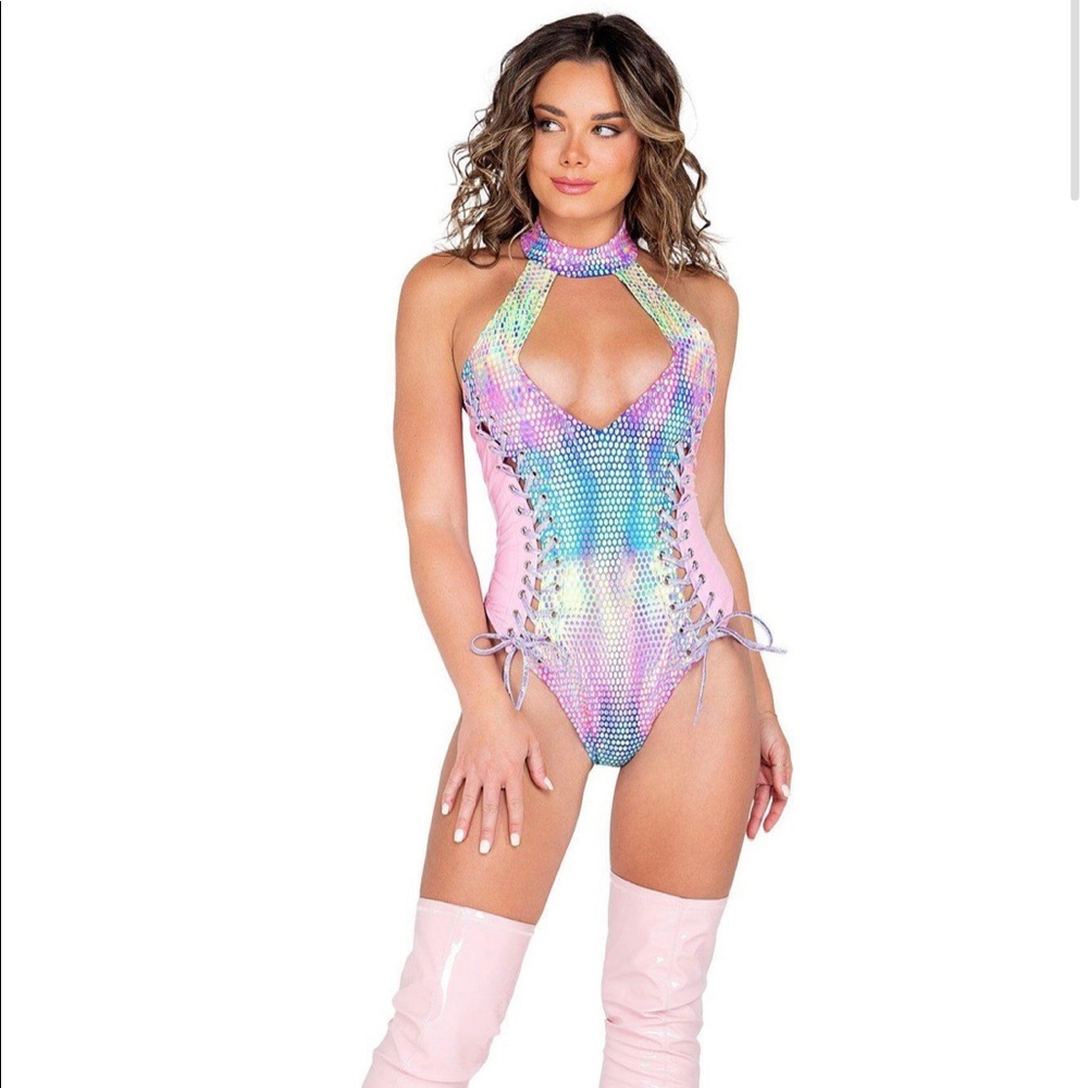 One pice body suit sequence and lace up detail